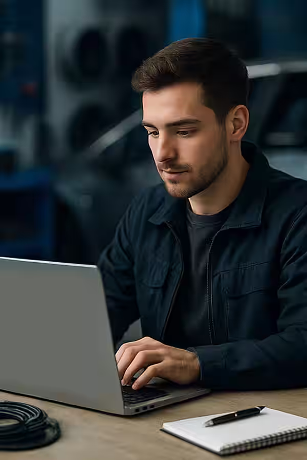 Junger Mann sitzt vor Laptop und schreibt eine Bewerbung an Exclusiv Car-HiFi